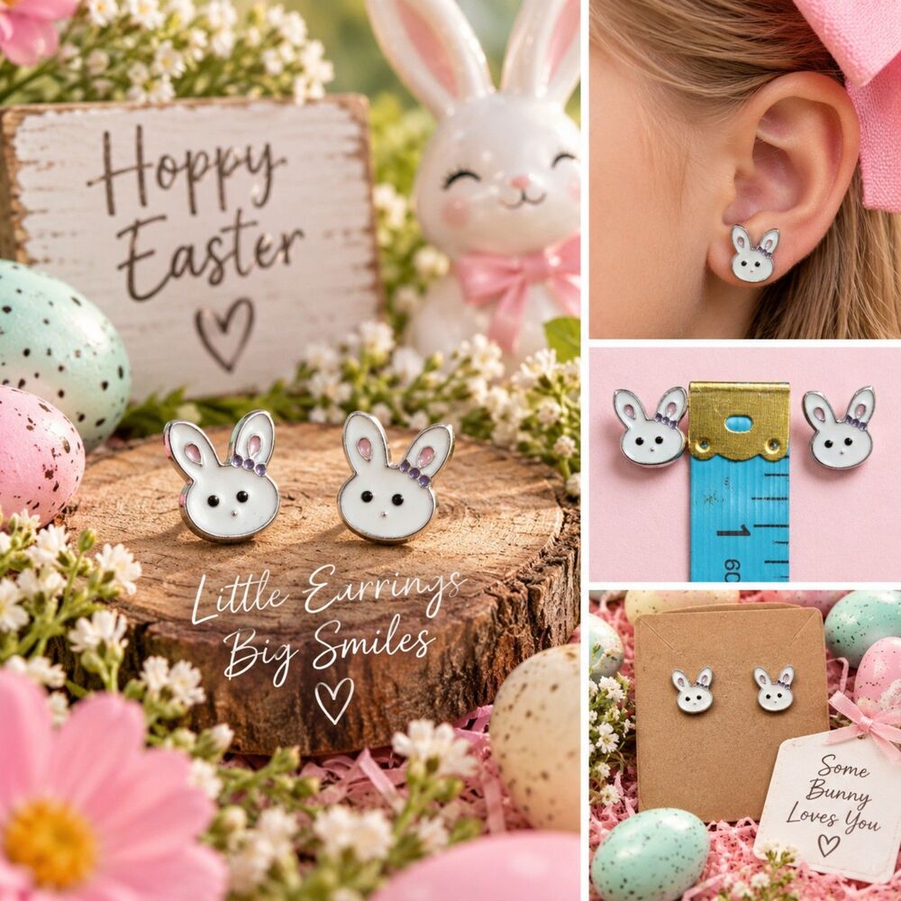 Easter Bunny Stud Earrings, White Rabbit Enamel, Cute Spring Jewelry Gift